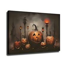1 Pc Wooden Framed Halloween Horror Pumpkin Poster Set - Spine-Chilling Ghosts On Canvas - Gothic & Retro Wall Art - Ideal Preppy Decor (Wrapped Canvas )