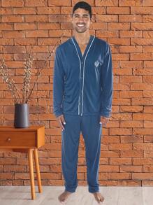 Men's Long Open Basic Comfortable Pajamas Plain Colors - 藍色 - 查看 1