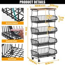 Fruit Basket Kitchen Pantry Organizers And Storage - Wooden Top Table, Stackable Metal Wire Basket Stand Cart For Fruit Vegetable Snacks Jars Bins Containers Organization, Black