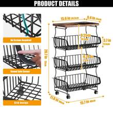 Fruit Basket Kitchen Pantry Organizers And Storage - Wooden Top Table, Stackable Metal Wire Basket Stand Cart For Fruit Vegetable Snacks Jars Bins Containers Organization, Black