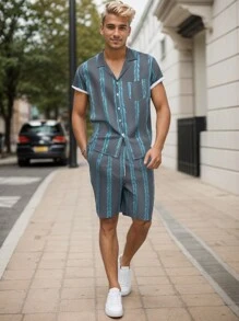 Conjunto De Playera Mangas Cortas Y Short Para Hombre Camiseta & de cintura con cordón Shorts - Azul - Ver 3