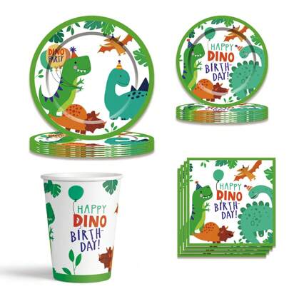 80 件/套恐龙主题一次性派对餐具套装，9 英寸/7 英寸纸盘、杯子、可爱恐龙餐巾、圣诞派对圣诞装饰圣诞装饰品圣诞礼物和装饰品促销