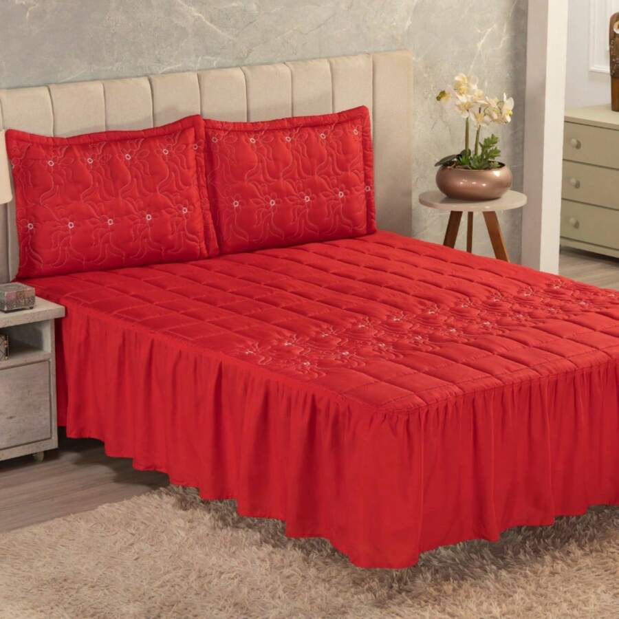 Luxury Double Bedspread Embroidered Bedspread With Ruffles 3 Pieces - 紅色 - 查看 1
