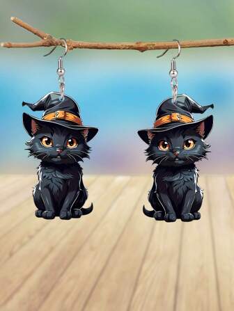 1 paire de boucles d'oreilles pendantes en acrylique avec chat noir pour Halloween, boucles d'oreilles animales, accessoires de bijoux de fête, cadeaux