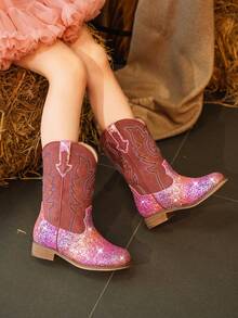 Botas vaqueras con bordado y brillo para niñas pequeñas, unisex, hasta el tobillo, punta cuadrada, tacón alto estilo occidental de arcoíris, zapatos de montar occidentales para niños pequeños y grandes - Rosa coral - Ver 2