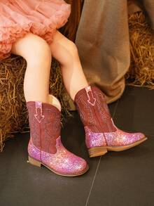 Botas vaqueras con bordado y brillo para niñas pequeñas, unisex, hasta el tobillo, punta cuadrada, tacón alto estilo occidental de arcoíris, zapatos de montar occidentales para niños pequeños y grandes - Rosa coral - Ver 6