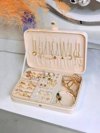 1pc 21*14.5*4.5cm Large Capacity Jewelry Box, Minimalist Leather Jewelry Storage Case, Portable Solid Color Rectangular Jewelry Organizer Box For Necklaces, Rings, Earrings, Ideal Gift For Mom, Girlfriend, Wife, Best Friend, Convenient For Travel