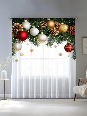 1pc Christmas Theme Digital Print Pole Attached Sheer Curtain, Bedroom Living Room Indoor Outdoor Home Decor, Christmas Holiday Decoration, Adds Atmosphere & Festive Ambiance