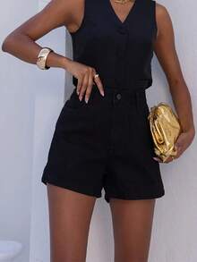 Women's High Waisted Basic Mom Jean Shorts - màu đen - Xem 3