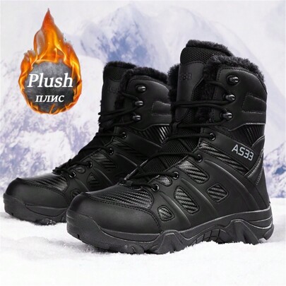 Autumn/Winter New High-Top Thick-Soled Ultra-Light Warm Men's Outdoor Snow Boots, PU Plus Size Women's Boots (Size 36-47), Outdoor Hiking Shoes, Comfortable Casual Shoes, Combat Military Boots, Training Boots, Warm Hiking Travel Boots, Outdoor Sports Hiking Boots, Trekking Boots, Outdoor Trail Boots, Thermal Lined Anti-Slip Durable Black Snow Boots