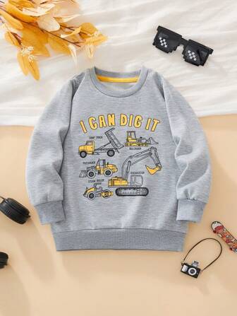 Young Boy Long Sleeve Sweatshirt, Cartoon Excavator Print, Fashionable Design For Autumn/Winter