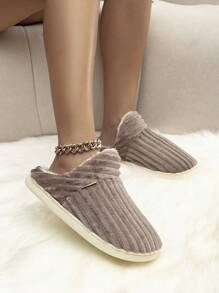 Pantuflas de casa con rayas de moda y antideslizantes para damas en otoño/invierno, pantuflas esponjosas - Café integral - Ver 6