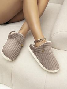 Pantuflas de casa con rayas de moda y antideslizantes para damas en otoño/invierno, pantuflas esponjosas - Café integral - Ver 4