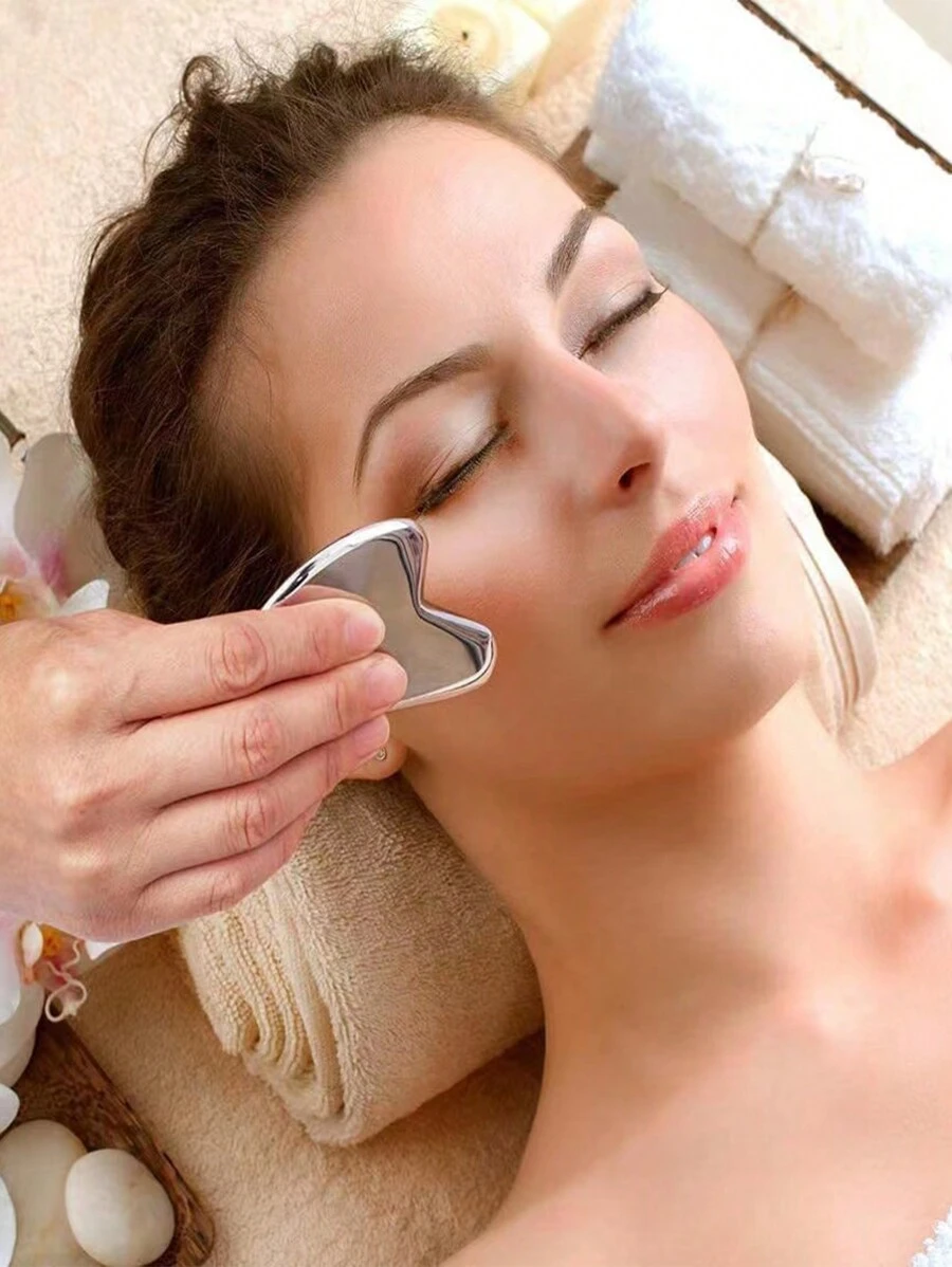 Placa Gua Sha em aço inoxidável, ferramenta de massagem facial para rosto, pescoço e drenagem linfática, placa raspadora em formato de coração para relaxamento muscular de todo o corpo. - Prata - Ver 1