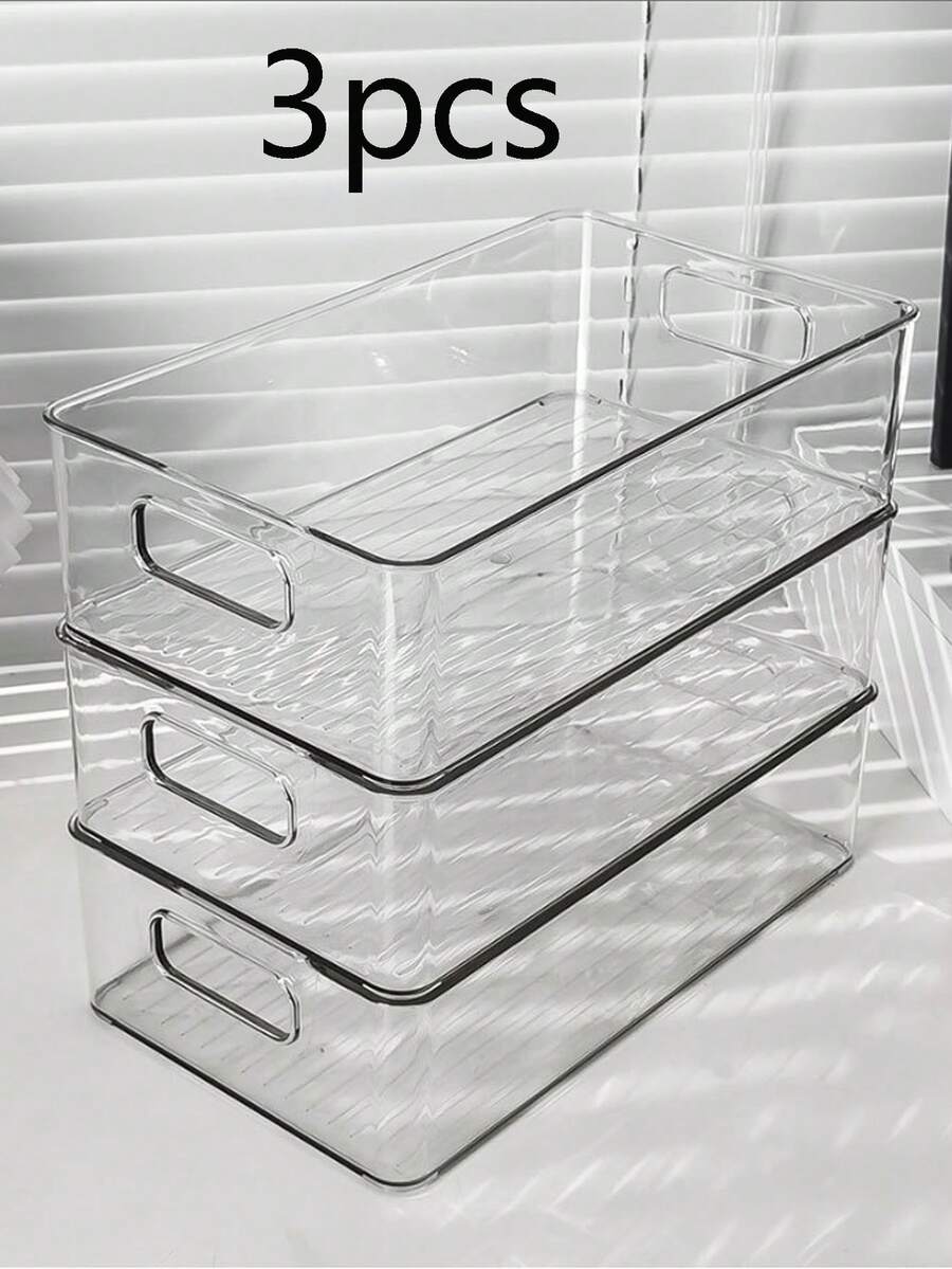 3 Packs Clear Acrylic Desktop Storage Bins With Handles, Suitable For Stationery, Fruits, Cosmetics And Small Parts, Perfect For Home Kitchen And Dorm Storage And Organization - Clear - View 1