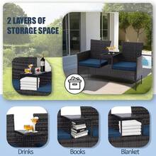 Wicker Outdoor Loveseat Modern Rattan 2-Seat Patio Conversation Set With Cushions & Built-In Coffee Table Porch Furniture - Black /Blue - View 6