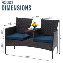 Wicker Outdoor Loveseat Modern Rattan 2-Seat Patio Conversation Set With Cushions & Built-In Coffee Table Porch Furniture - Black /Blue - View 3