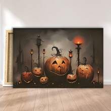 1 Pc Wooden Framed Halloween Horror Pumpkin Poster Set - Spine-Chilling Ghosts On Canvas - Gothic & Retro Wall Art - Ideal Preppy Decor (Wrapped Canvas )