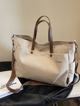 Casual Style Plain With Adjustable Strap Large Capacity Shoulder Tote Bag,Cross Body Bag Everyday Bag, Etc. Perfect For Daily Use - Suitable For Traveling, Work Or Shopping,University, College Classroom , Commute,School, Etc. For Women, Rookies & White-Collar Workers,Girl, College Students,Young Girl, Literary School Bag & Bookbag For Women Or Students, Perfect For Books, Shopping, Back To School And More, Tote Bags For School,College Essentials