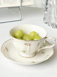 1 set Taza de café y platillo de cerámica con estampado floral, taza de cerámica delicada con diseño floral estilo francés vintage para té de la tarde, cuchara con forma de tulipán, regalo de cumpleaños/anfitrión de alta gama