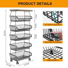 Fruit Basket Kitchen Pantry Organizers And Storage - Wooden Top Table, Stackable Metal Wire Basket Stand Cart For Fruit Vegetable Snacks Jars Bins Containers Organization, Black