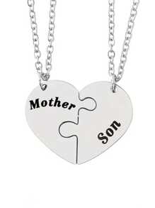 suteyi 2 件不锈钢心形拼图家庭成员感情项链，家庭珠宝礼物项链套装，适合儿子和女儿，友谊礼物 - 銀色 - 查看 3