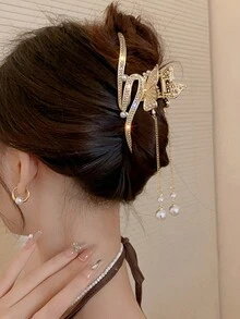 1 件装女士水晶和珍珠装饰蝴蝶流苏大号发夹，时尚发饰 - 金色 - 查看 3