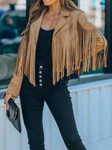 Astylish Women Western Wear Long Sleeve Fringe Open Front Faux Suede Moto Jacket Festival
