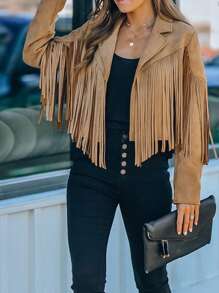Astylish Women Western Wear Long Sleeve Fringe Open Front Faux Suede Moto Jacket Festival