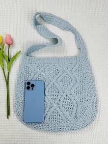 Women's Solid Color Simple Daily Crochet Shoulder Bag With Minimalist Floral Pattern - Baby Blue - View 3