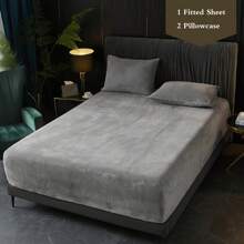 3pcs Crystal Velvet Bedsheet Set, 1pc Bedsheet + 2pcs Pillowcases (Without Filler), Deep Pocket Soft Bedding Set - Dark Grey - View 1