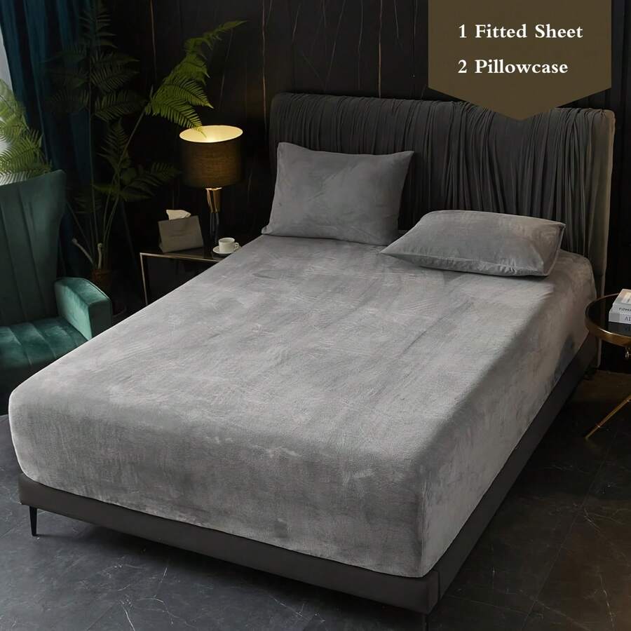3pcs Crystal Velvet Bedsheet Set, 1pc Bedsheet + 2pcs Pillowcases (Without Filler), Deep Pocket Soft Bedding Set - Dark Grey - View 1