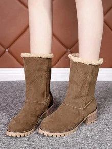 Perfect With Dress, Women's New Autumn Winter European And American Mid-Calf Thick Heel Cute Fold-Over Furry Snow Boots, Extra Large Size Leather Two-Way Boots - Brown - View 3