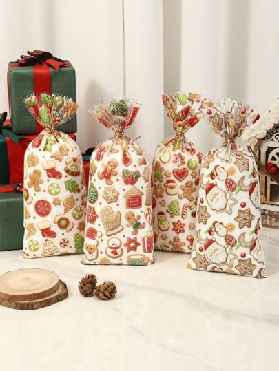 50/100 Piezas Bolsas de regalo de Navidad, Bolsas de celofán de plástico con diseños de Papá Noel, muñeco de nieve y hombre de jengibre para decoraciones navideñas para el hogar 2024, envoltura de regalos de Navidad y Año Nuevo, suministros para fiestas navideñas
