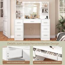 Große Schminktisch mit verstellbaren LED-Beleuchtung, Schminktisch mit Spiegel, Schminktisch mit 7 Schubladen, 4 offenen Ablagen und 5 Schmuckhaken für das Schlafzimmer, Weiß