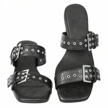 Women's Clogs Women's Sandals Medium Square Heel With Buckle And Eyelets Fashion - 黑色 - 查看 4