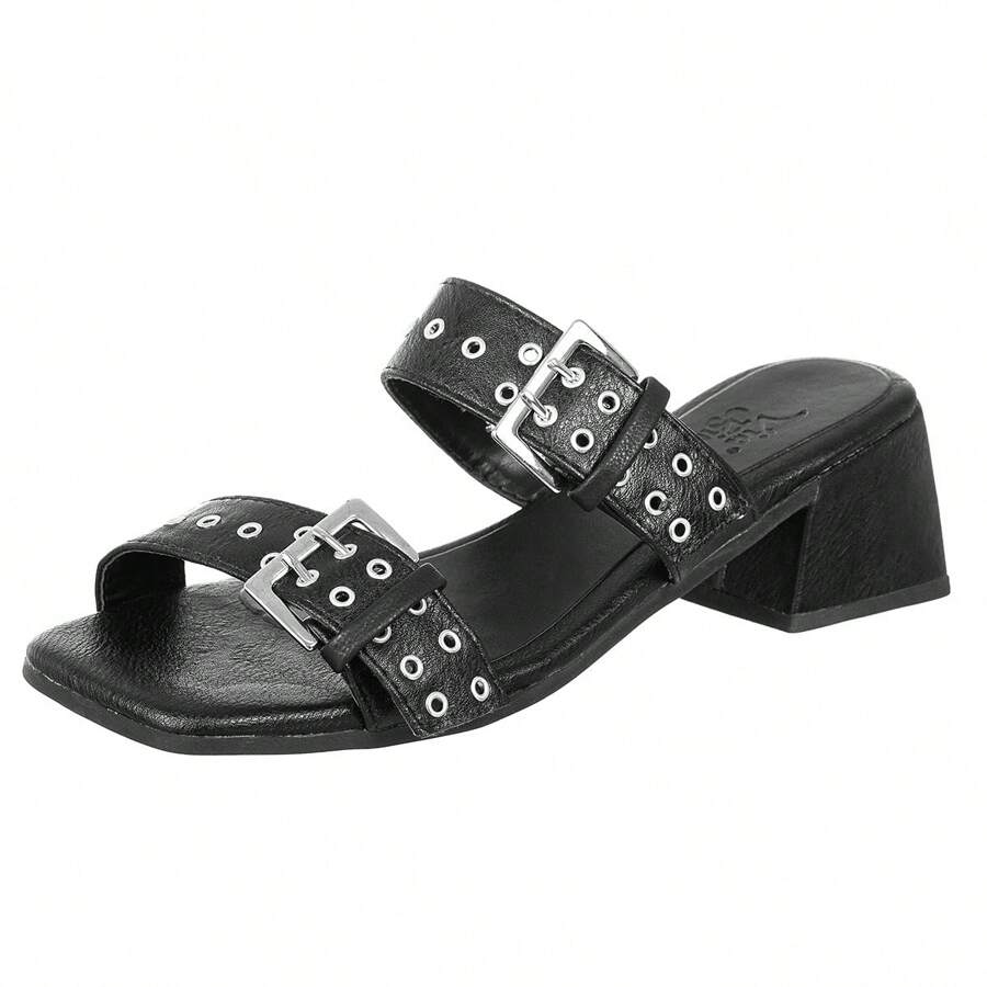 Women's Clogs Women's Sandals Medium Square Heel With Buckle And Eyelets Fashion - 黑色 - 查看 1