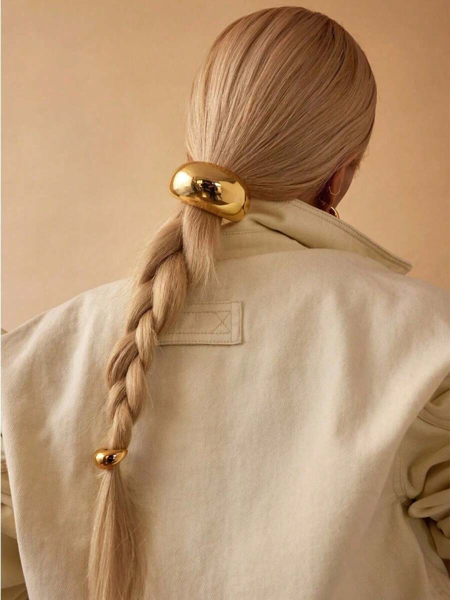 1个女士优雅金属几何发圈，奢华风格马尾辫发圈，简约独特发饰，半圆形马尾辫发箍，适合夏季海滩度假，金色头饰，发圈，发饰，弹性发带，家居美发配件 - 金色 - 查看 1