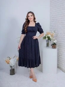 Women's Midi Dress Square Neck Black Fitted Casual Elegant Puff Sleeve Princess Perfect Fit - 黑色 - 查看 4
