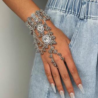 Bohemian  Rhinestone Beaded, Tassel, Metal Floral Pattern Stackable Finger Rings & Bracelet Set, Retro Fashion Accessories For Women