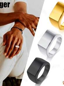 Flat Top Square Band Signet Ring Men Oxidized Silver Color Stainless Steel Vintage Rustic Male Jewelry - Silver - View 2