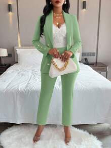 AIJ Amarilo Women's Solid Color Minimalist Daily Long Sleeve Pants Suit, 2 Pieces Set - Bean Green - View 4