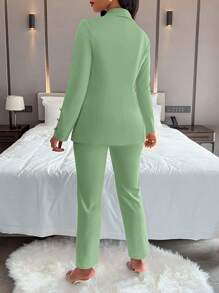 AIJ Amarilo Women's Solid Color Minimalist Daily Long Sleeve Pants Suit, 2 Pieces Set - Bean Green - View 2