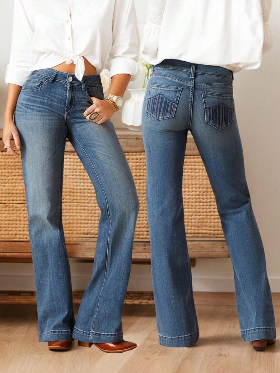 New Women's Pocket Embroidered Jeans, Fashionable And Versatile Denim Trousers - Navy Blue - View 1