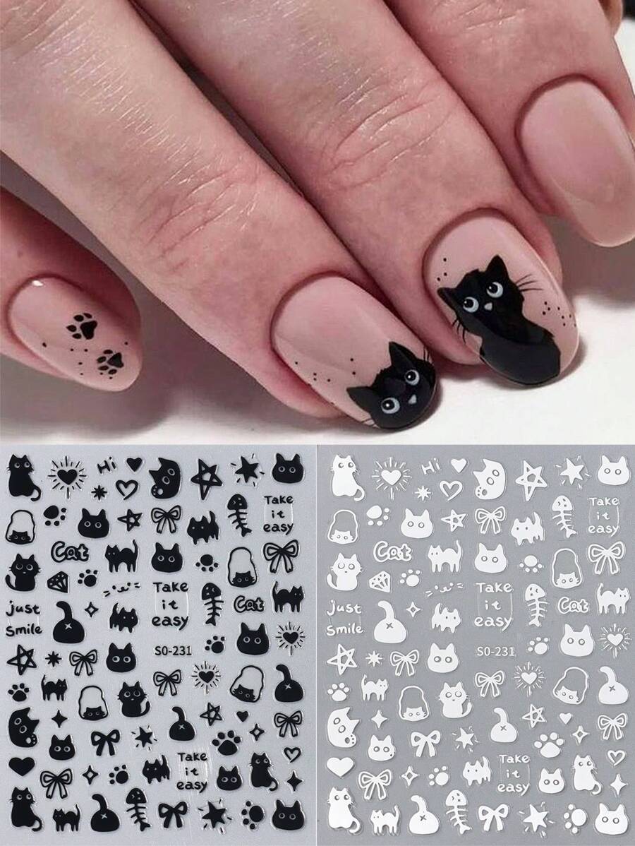 FULL BEAUTY ملصقات أظافر سوداء للقطط 2 قطعة، ملصقات أظافر كرتونية جميلة شعبية مضحكة لصقات اظافر ملصقات اظافر ستيكر اظافر