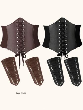 3pcs/1set Vintage Waist Belt & Arm Bands Set, Medieval Cosplay Arm Cuffs & Waist Cinchers, For Costume Party Halloween