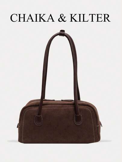 CHAIKA & KILTER 1 件纯色仿麂皮面料女士单肩包，复古时尚哑光保龄球包，撞色缝线，双手柄设计，拉链开合，适合日常和户外使用，新款秋冬女包，最佳秋季钱包，最新时尚女士仿麂皮包，完美搭配秋季服装女士秋季服装