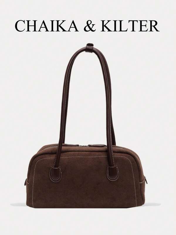 1 pieza Bolso de hombro de tela con efecto de gamuza de color liso para mujer, bolso de bolos de moda retro con costuras contrastantes, diseño de doble asa, cierre con cremallera para uso diario y al aire libre, nuevo bolso de mujer para otoño e invierno, el mejor bolso de otoño, el bolso de gamuza talla grande nuevo y de moda para mujer, que combina perfectamente con la ropa de otoño para mujer