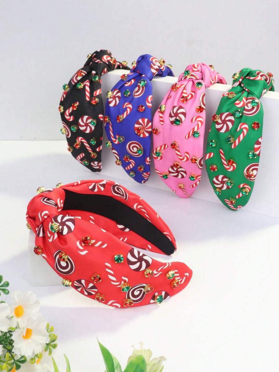 1 pieza Diadema con adorno de strass y estampado navideño de poliéster para mujer, accesorios navideños