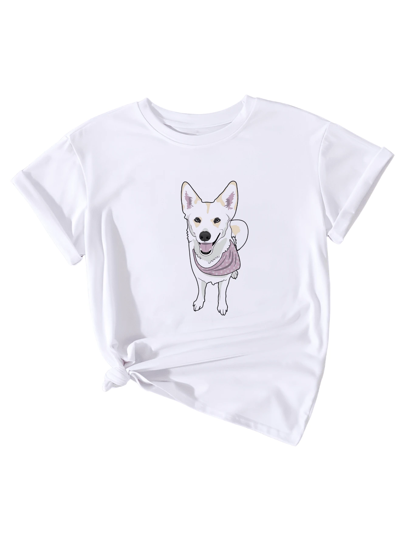 Women's Casual Dog Printed Cotton Baby Look T-Shirt - 白色 - 查看 1